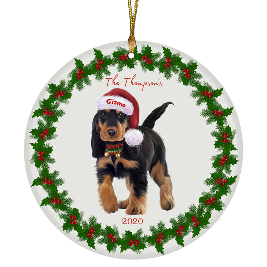 Personalized Holly Berry Trimming Cocker Spaniel Dog Ceramic Round Flat Christmas Tree Ornament RFPOR48269