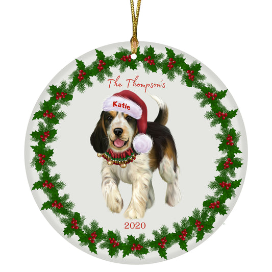 Personalized Holly Berry Trimming Cocker Spaniel Dog Ceramic Round Flat Christmas Tree Ornament RFPOR48270