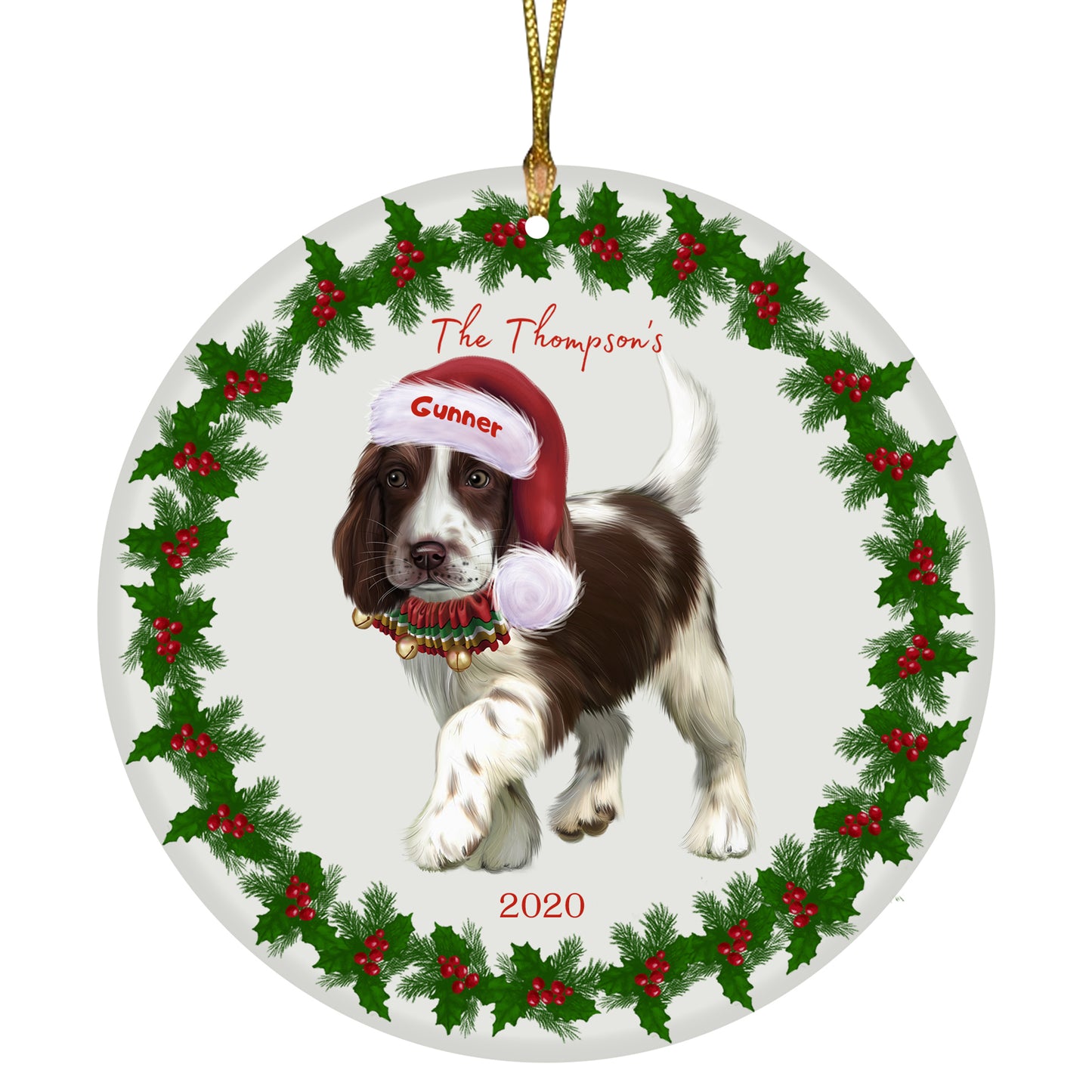 Personalized Holly Berry Trimming Cocker Spaniel Dog Ceramic Round Flat Christmas Tree Ornament RFPOR48271
