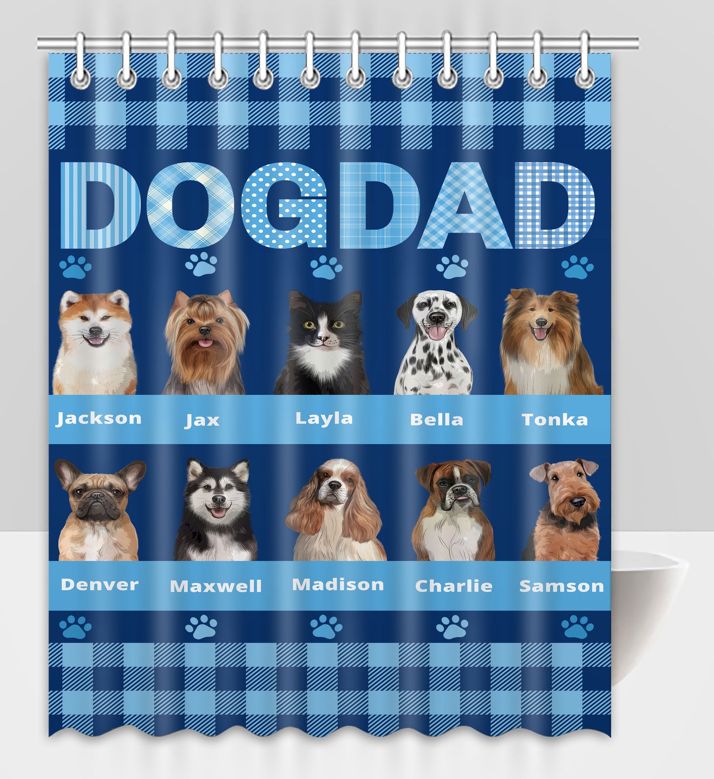 Personalized Dog DAD Pet Dog Cat Shower Curtain 1-10 pets