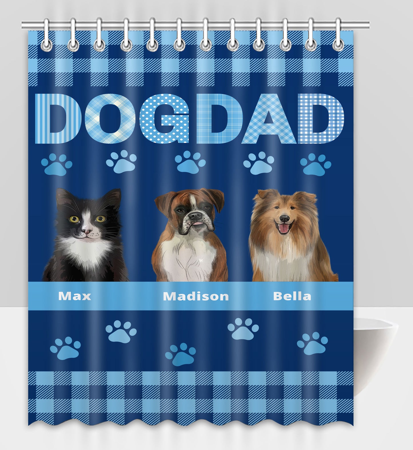 Personalized Dog DAD Pet Dog Cat Shower Curtain 1-10 pets