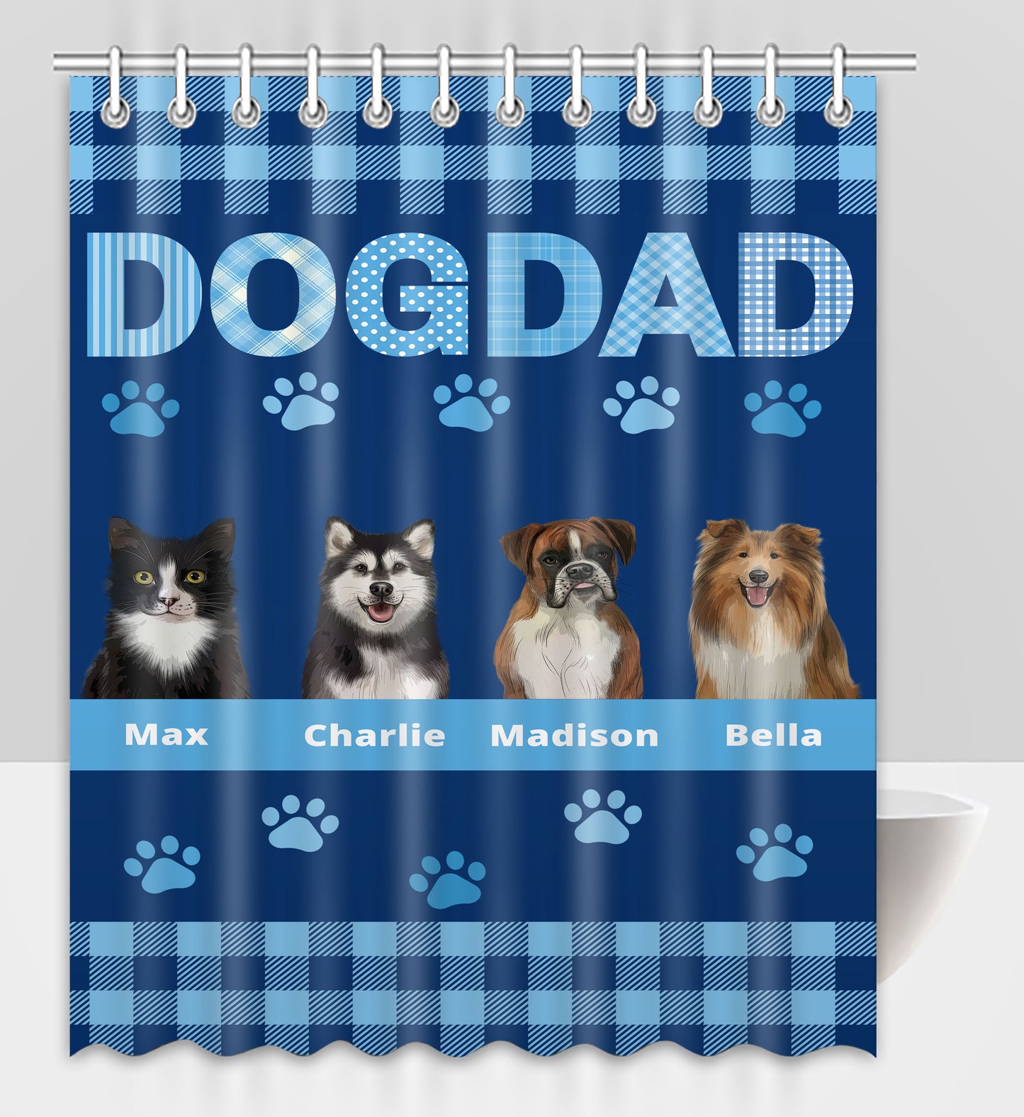 Personalized Dog DAD Pet Dog Cat Shower Curtain 1-10 pets