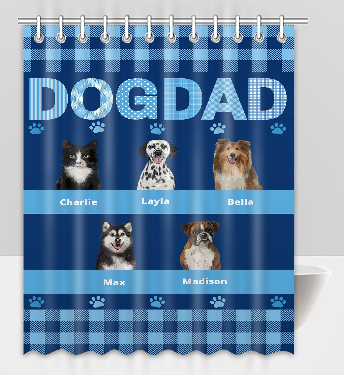 Personalized Dog DAD Pet Dog Cat Shower Curtain 1-10 pets