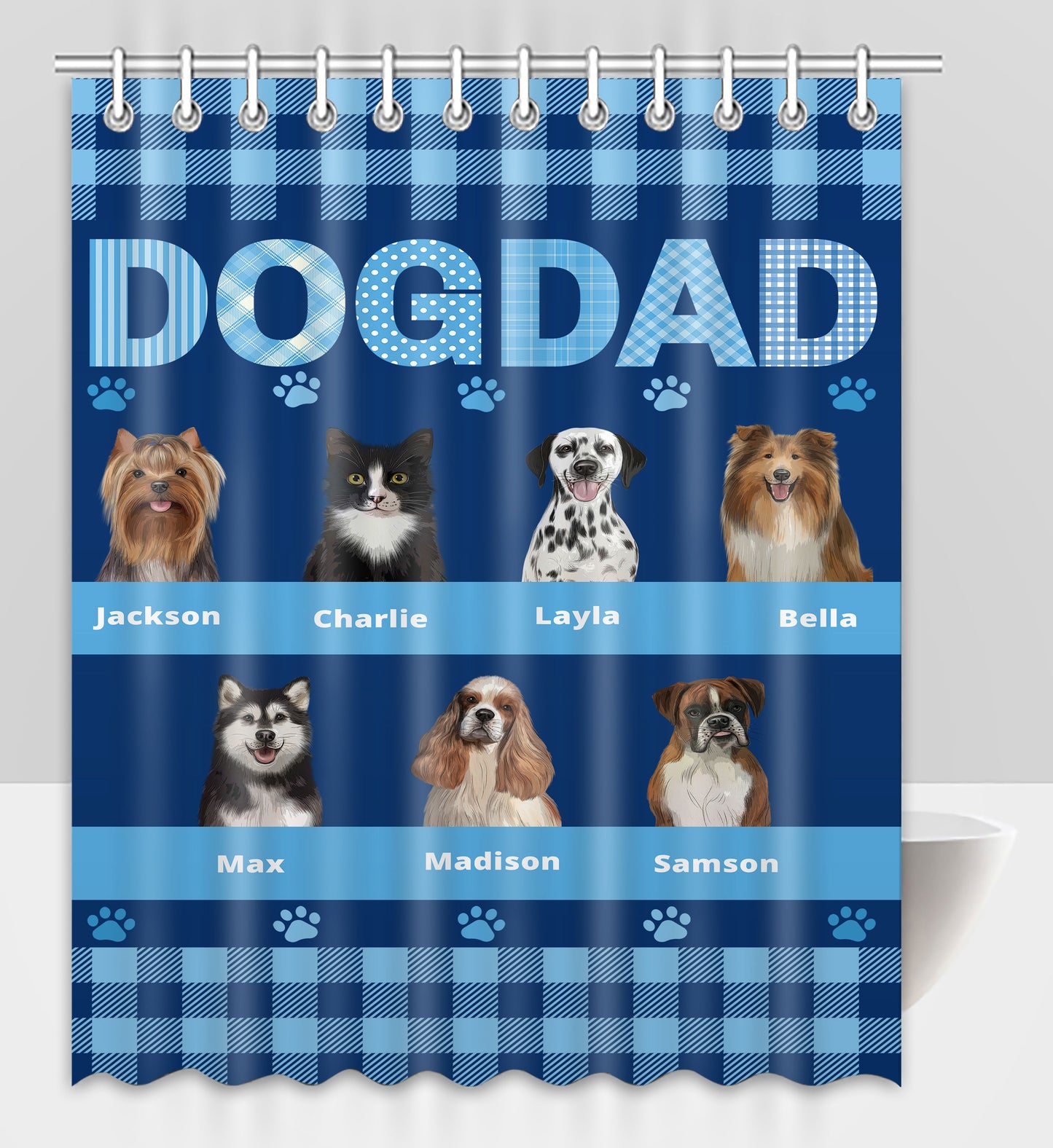 Personalized Dog DAD Pet Dog Cat Shower Curtain 1-10 pets
