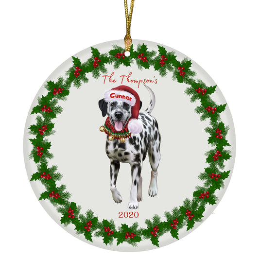 Personalized Holly Berry Trimming Dalmatian Dog Ceramic Round Flat Christmas Tree Ornament RFPOR48272