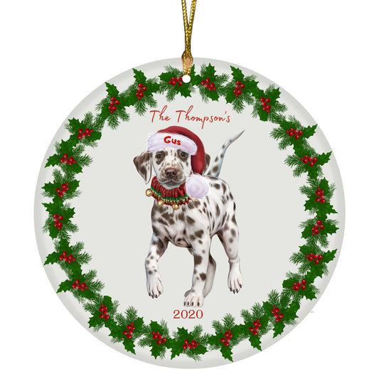 Personalized Holly Berry Trimming Dalmatian Dog Ceramic Round Flat Christmas Tree Ornament RFPOR48273
