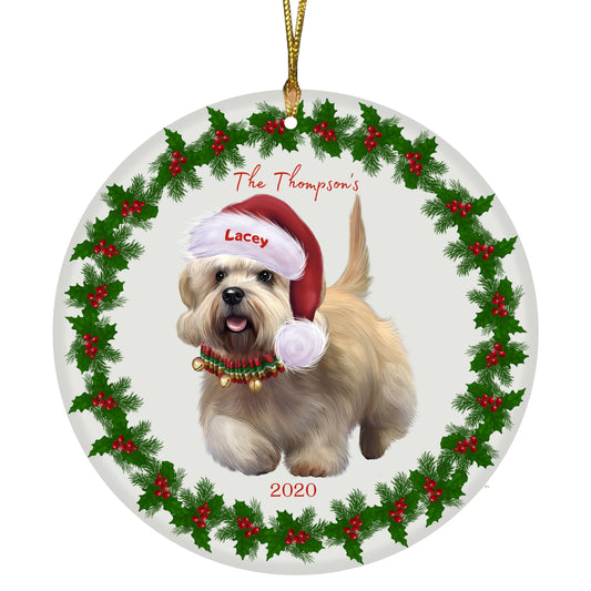 Personalized Holly Berry Trimming Dandie Dinmont Terrier Dog Ceramic Round Flat Christmas Tree Ornament RFPOR48274
