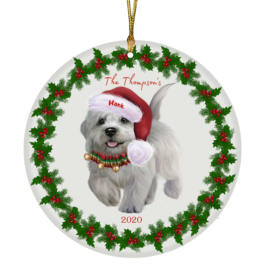 Personalized Holly Berry Trimming Dandie Dinmont Terrier Dog Ceramic Round Flat Christmas Tree Ornament RFPOR48275