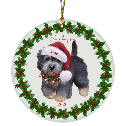 Personalized Holly Berry Trimming Dandie Dinmont Terrier Dog Ceramic Round Flat Christmas Tree Ornament RFPOR48276