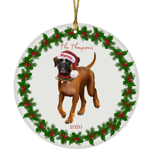 Personalized Holly Berry Trimming Boxer Dog Ceramic Round Flat Christmas Tree Ornament RFPOR48277