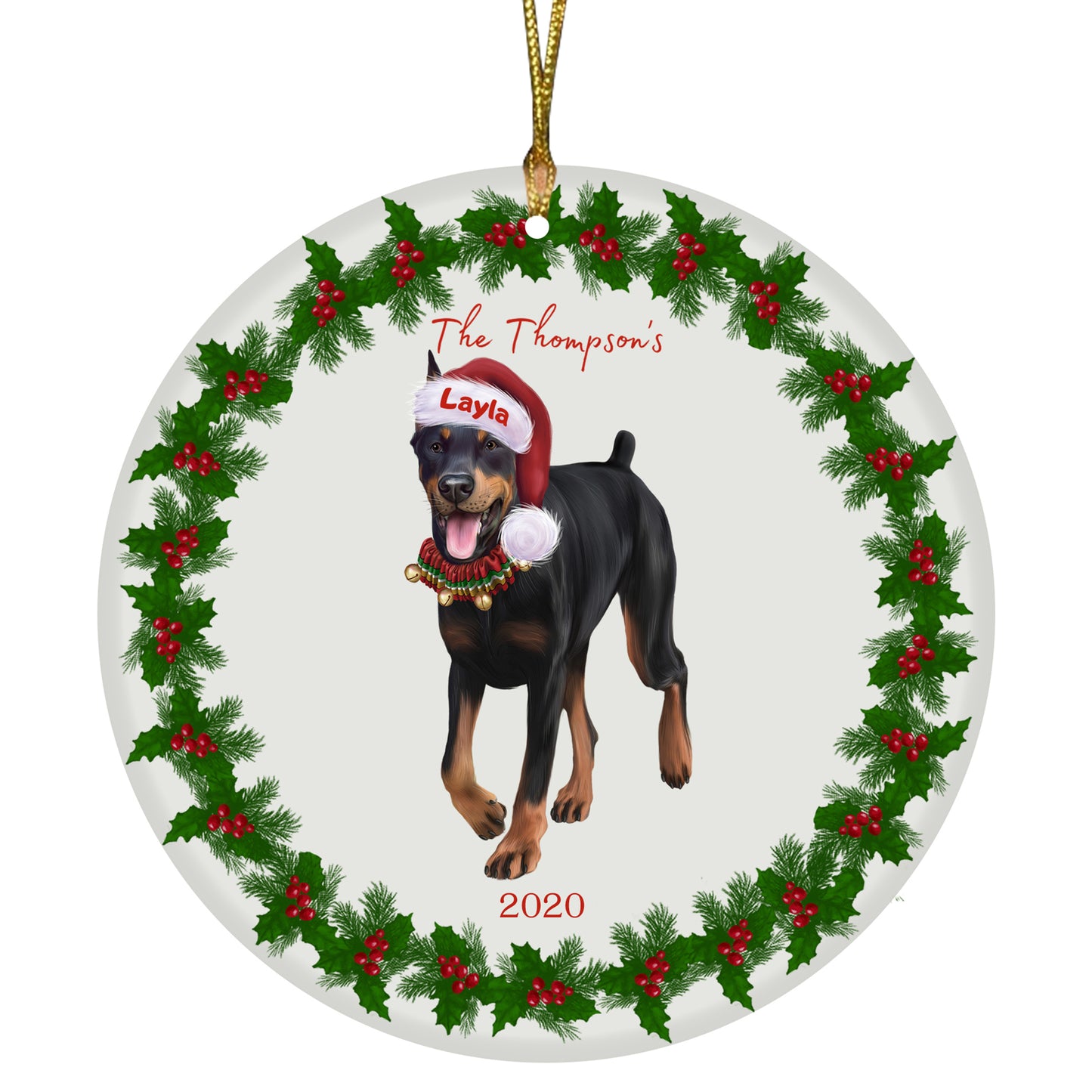 Personalized Holly Berry Trimming Doberman Pinscher Dog Ceramic Round Flat Christmas Tree Ornament RFPOR48278