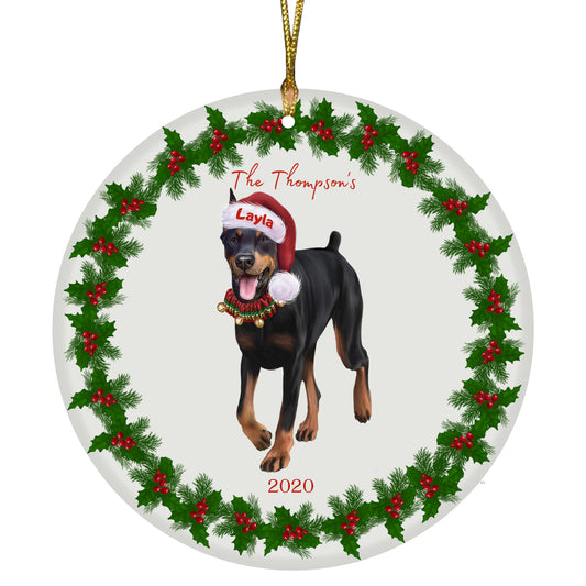 Personalized Holly Berry Trimming Doberman Pinscher Dog Ceramic Round Flat Christmas Tree Ornament RFPOR48278