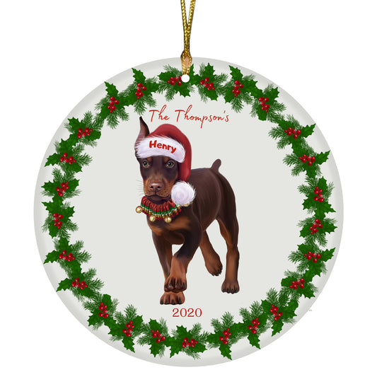 Personalized Holly Berry Trimming Doberman Pinscher Dog Ceramic Round Flat Christmas Tree Ornament RFPOR48279
