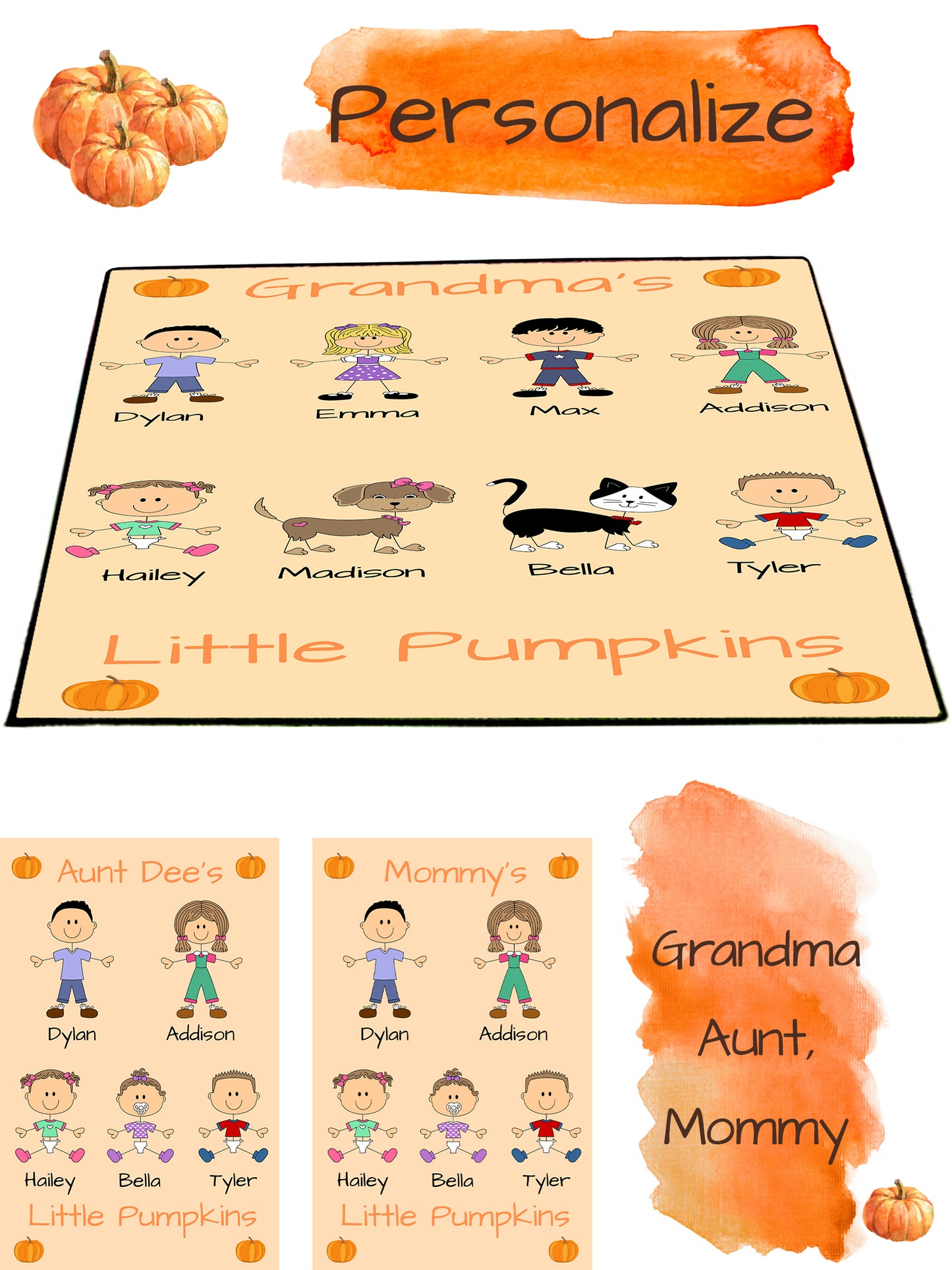 Personalized One Lucky Dog Cat Pets Grandma, Aunt, Mom, Wife or Sister's Little Pumpkins Floormat