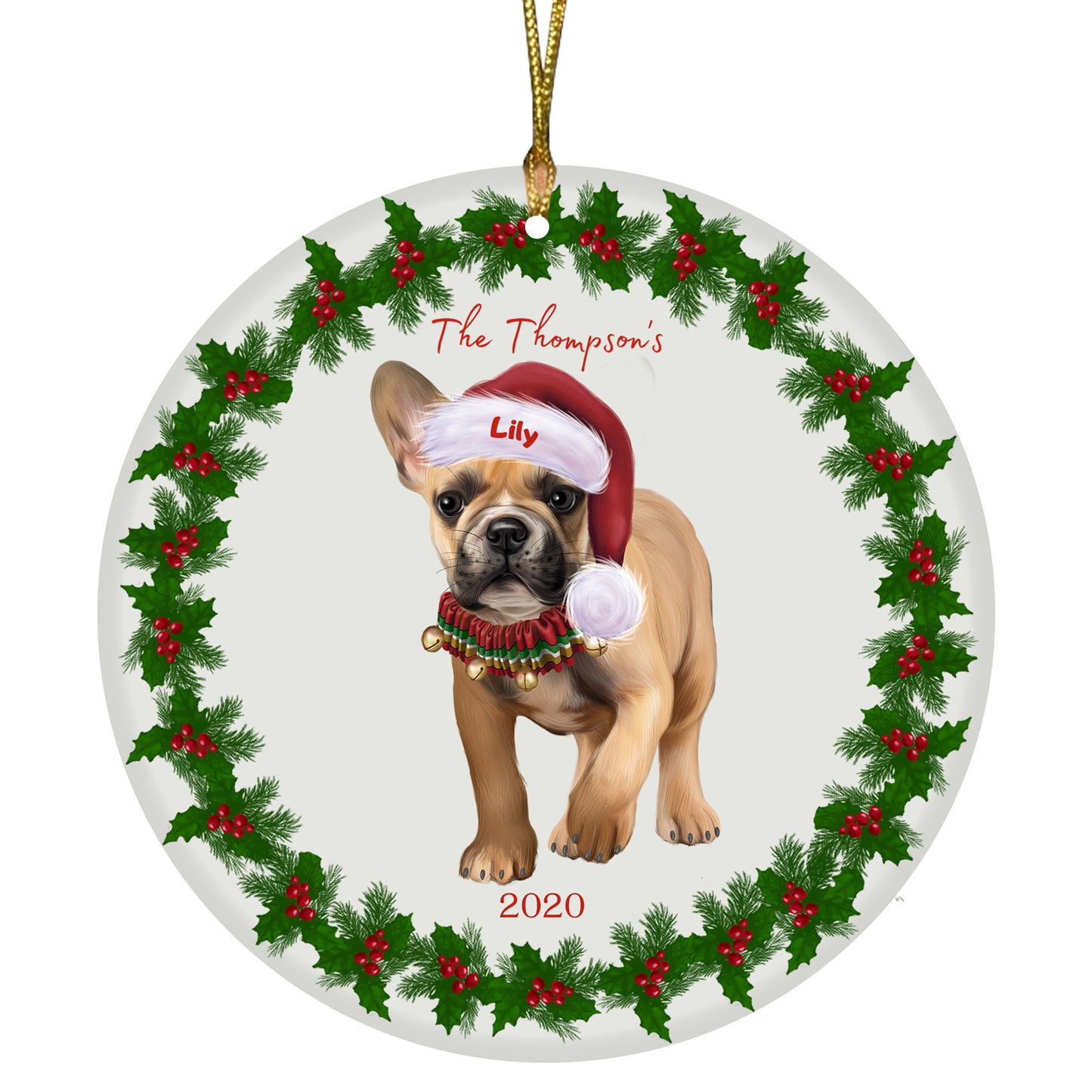 Personalized Holly Berry Trimming French Bulldog Ceramic Round Flat Christmas Tree Ornament RFPOR48284