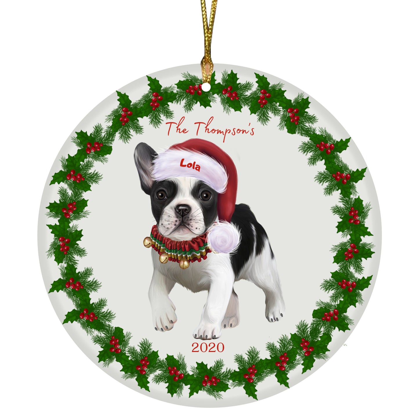 Personalized Holly Berry Trimming French Bulldog Ceramic Round Flat Christmas Tree Ornament RFPOR48286