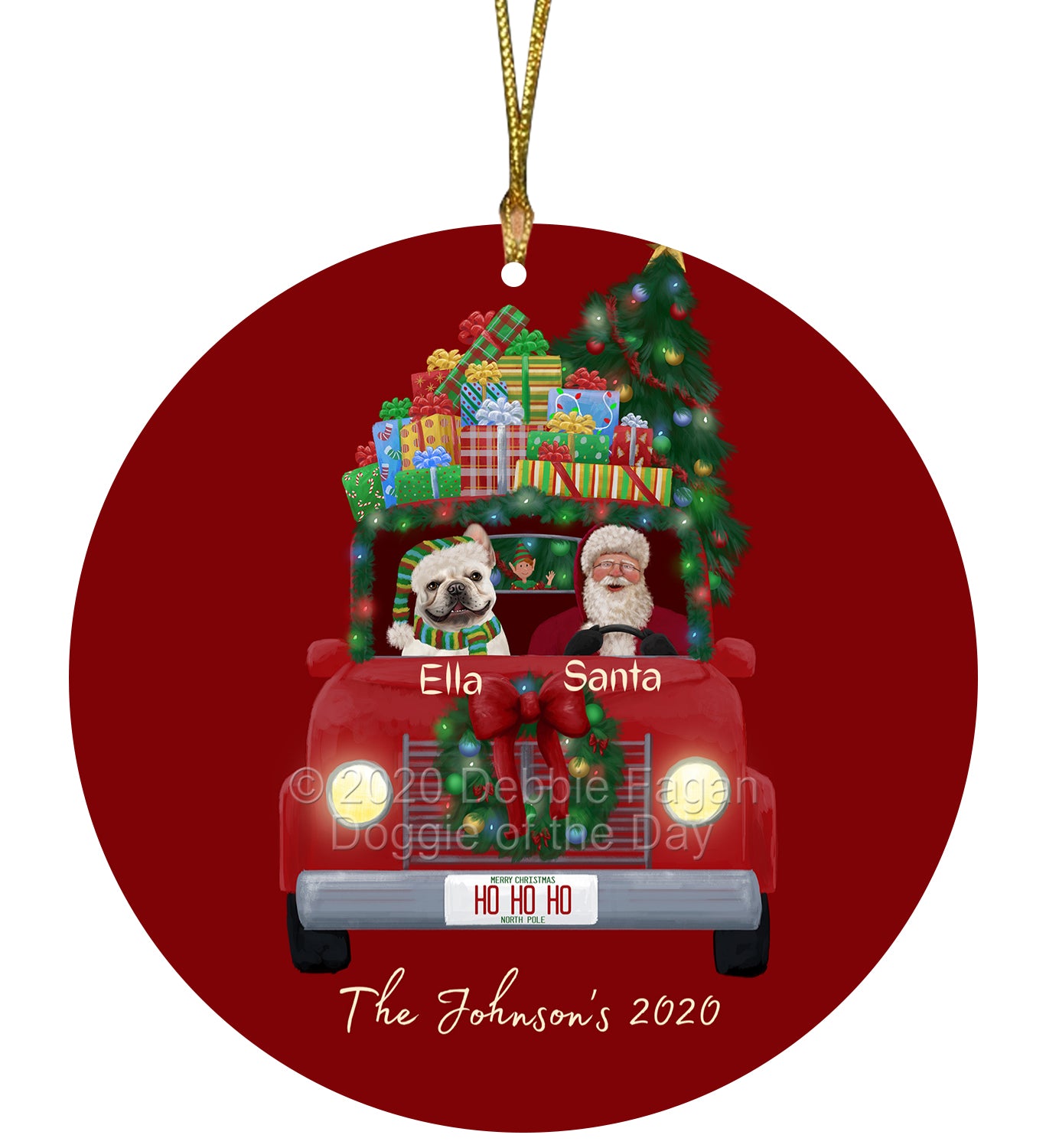 Personalized Red truck Santa with French Bulldog Ceramic Round Flat Christmas Tree Ornament RFPOR48038