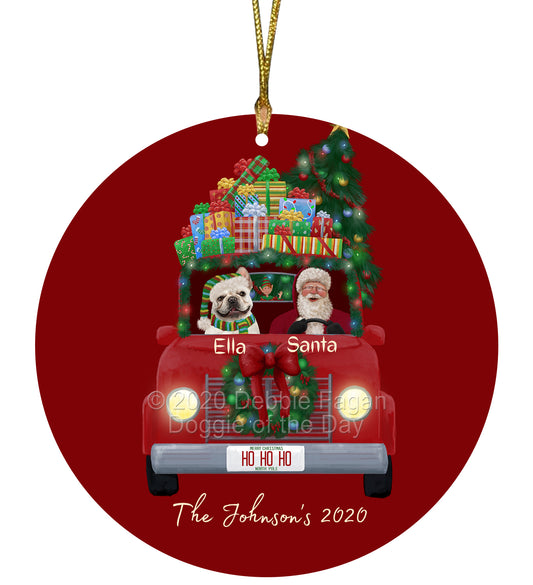 Personalized Red truck Santa with French Bulldog Ceramic Round Flat Christmas Tree Ornament RFPOR48038
