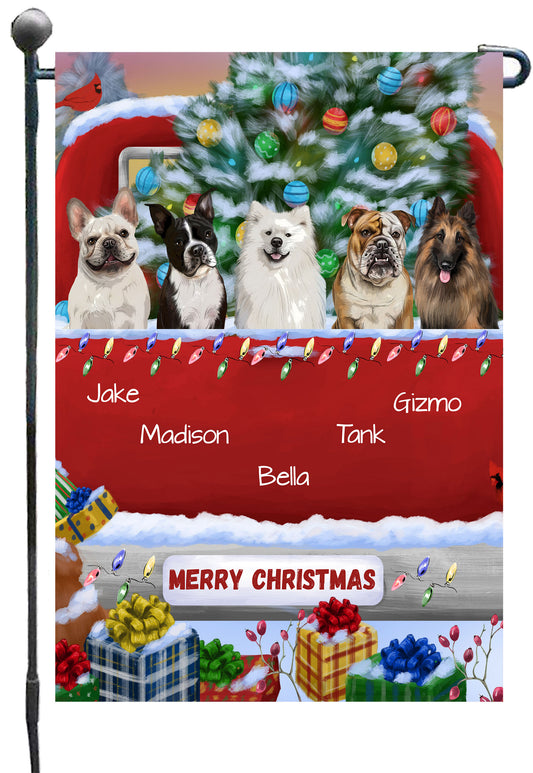 Personalized Merry Christmas Red Truck 1 Dog Cat Pets Garden Flag 1 to 5 Pets