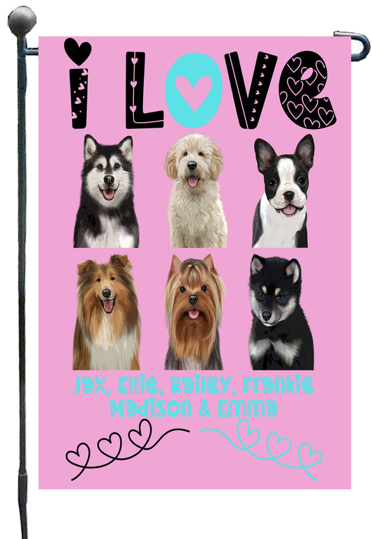 Personalized I Love Dog Cat Pets Garden Flag 1 to 6 Pets