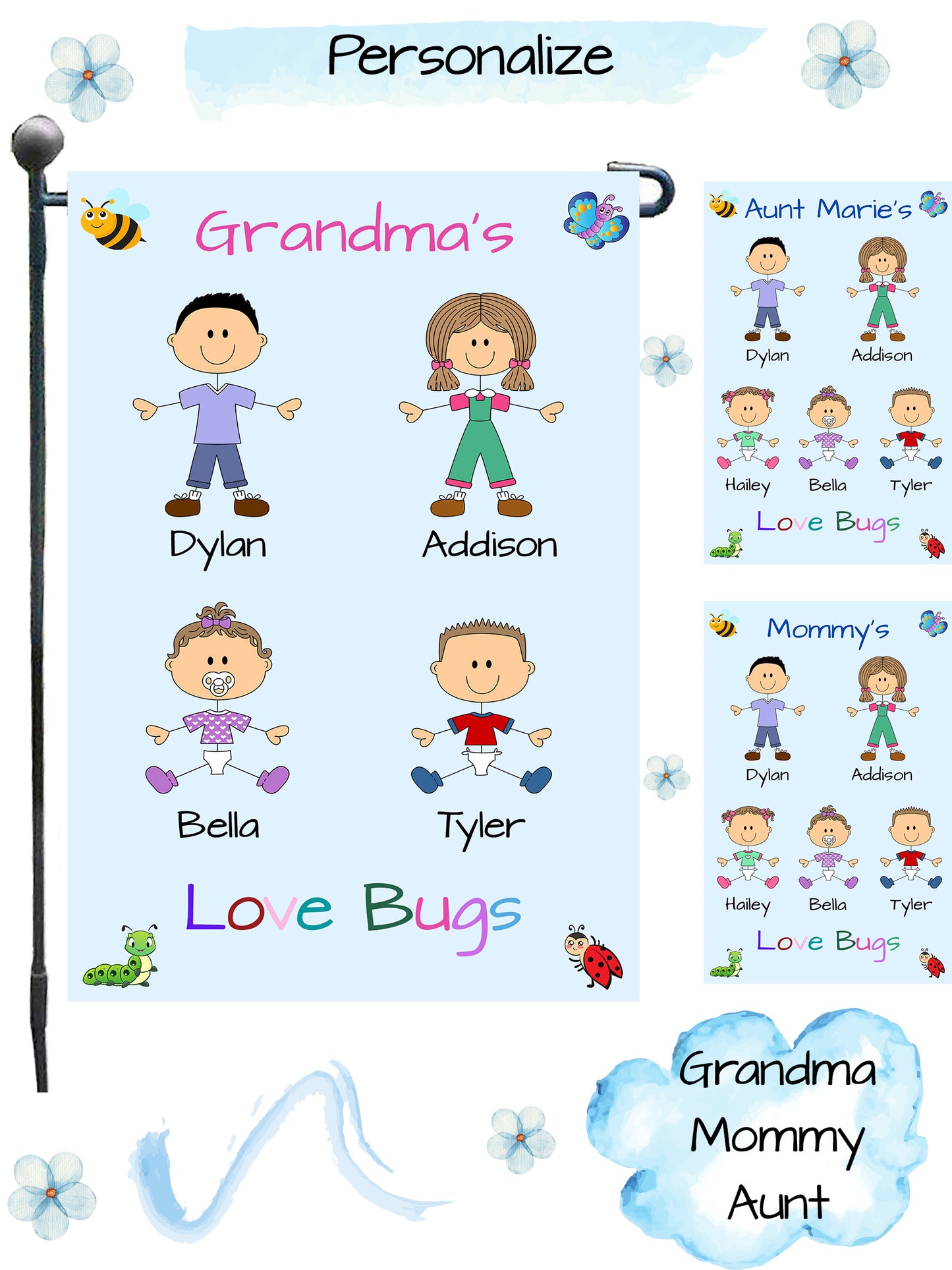 Personalized One Lucky Dog Cat Pets Grandma, Aunt, Mom, Wife or Sister's Love Bugs Garden Flag