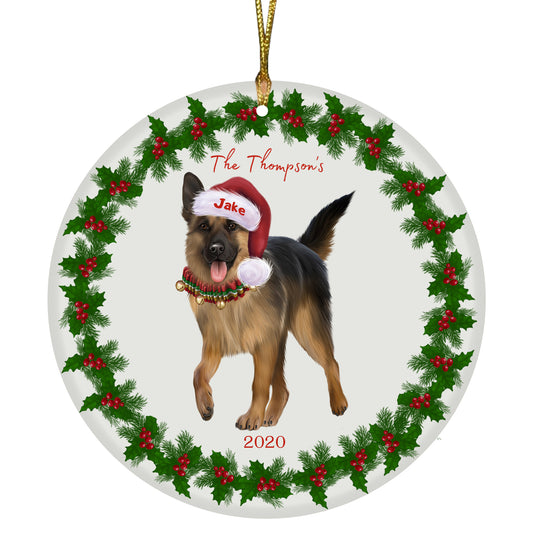 Personalized Holly Berry Trimming German Shepherd Dog Ceramic Round Flat Christmas Tree Ornament RFPOR48287