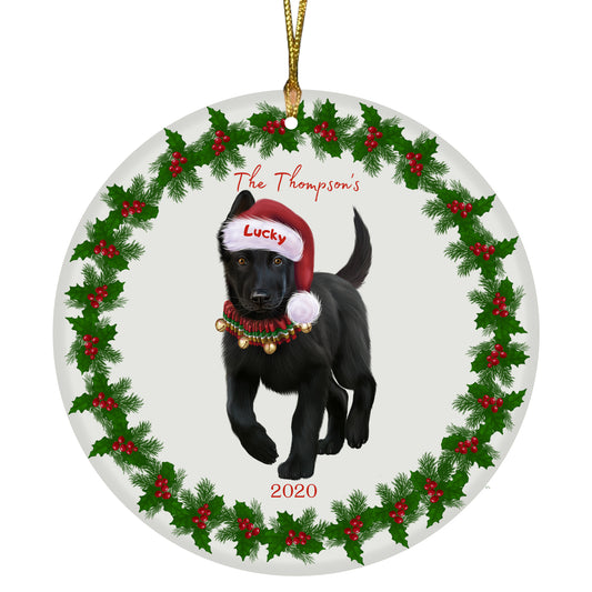Personalized Holly Berry Trimming German Shepherd Dog Ceramic Round Flat Christmas Tree Ornament RFPOR48288