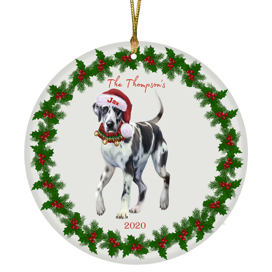 Personalized Holly Berry Trimming Great Dane Dog Ceramic Round Flat Christmas Tree Ornament RFPOR48291