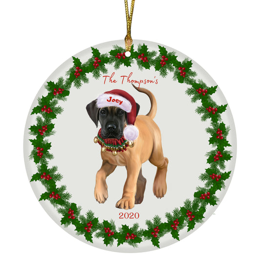 Personalized Holly Berry Trimming Great Dane Dog Ceramic Round Flat Christmas Tree Ornament RFPOR48293