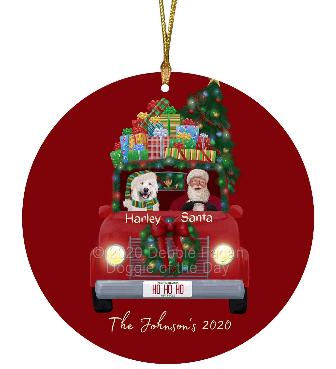 Personalized Red truck Santa with Great Pyrenees Dog Ceramic Round Flat Christmas Tree Ornament RFPOR48043