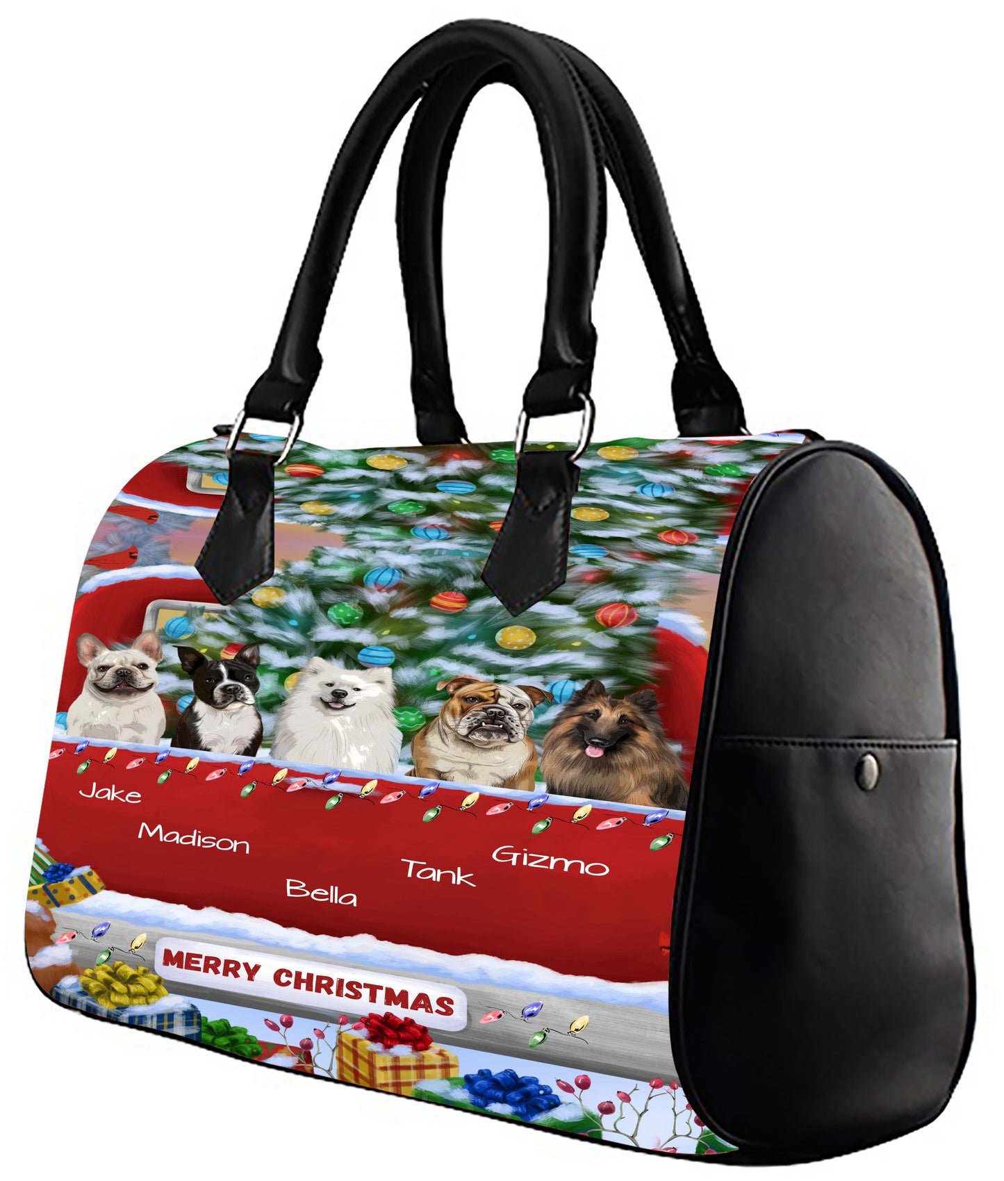 Personalized Merry Christmas Red Truck 1 Dog Cat Pet Boston Handbag 1-5 Pets