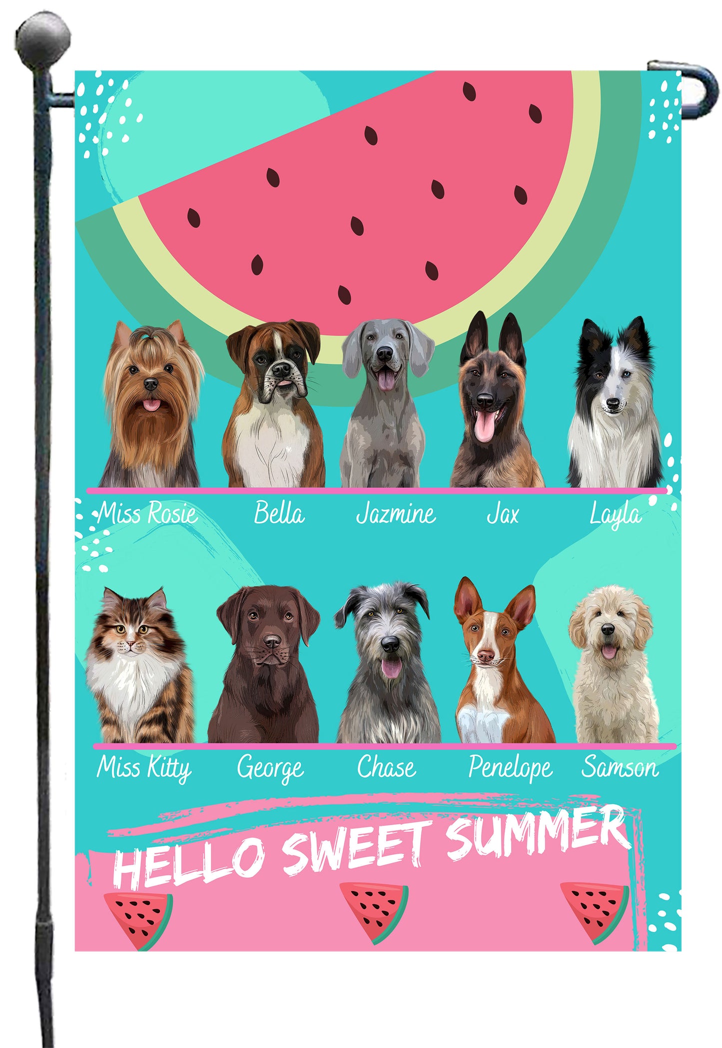 Personalized Hello Sweet Summer Watermelon Dog Cat Pets Garden Flag 1 to 10 Pets
