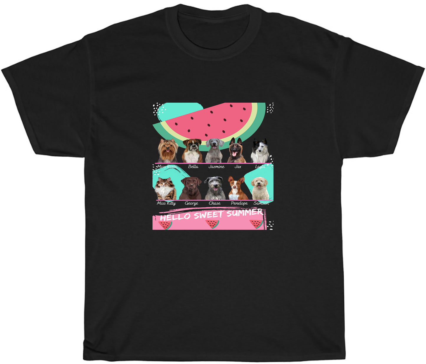 Personalized Hello Sweet Summer Watermelon Dog Cat Pets T-Shirt 1 to 10 Pets