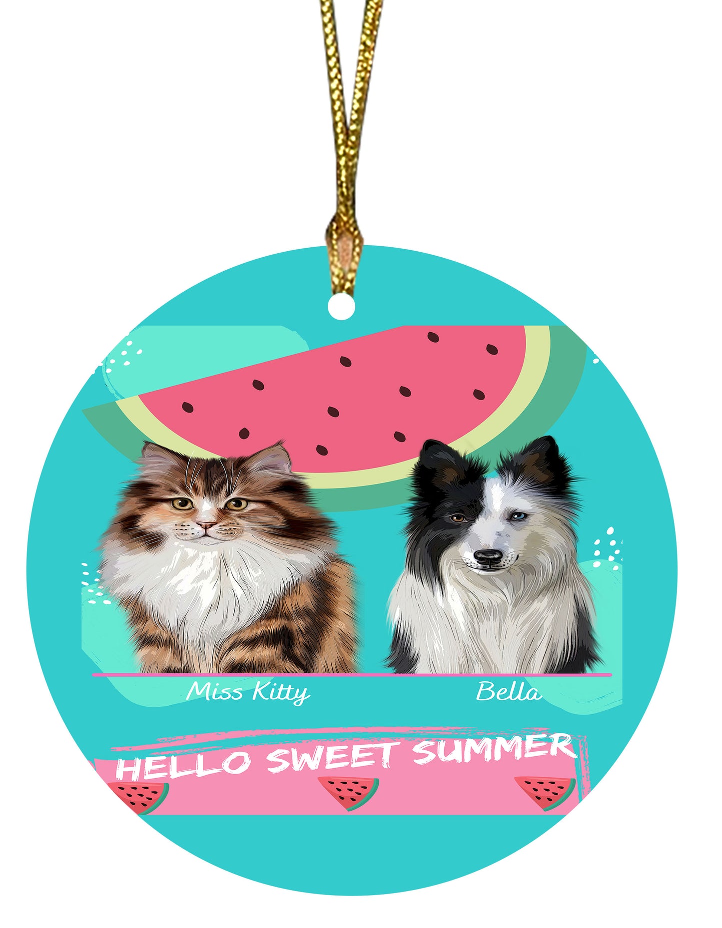 Personalized Hello Sweet Summer Watermelon Dog Cat Pets Round Flat Christmas Tree Ornament 1 to 5 Pets