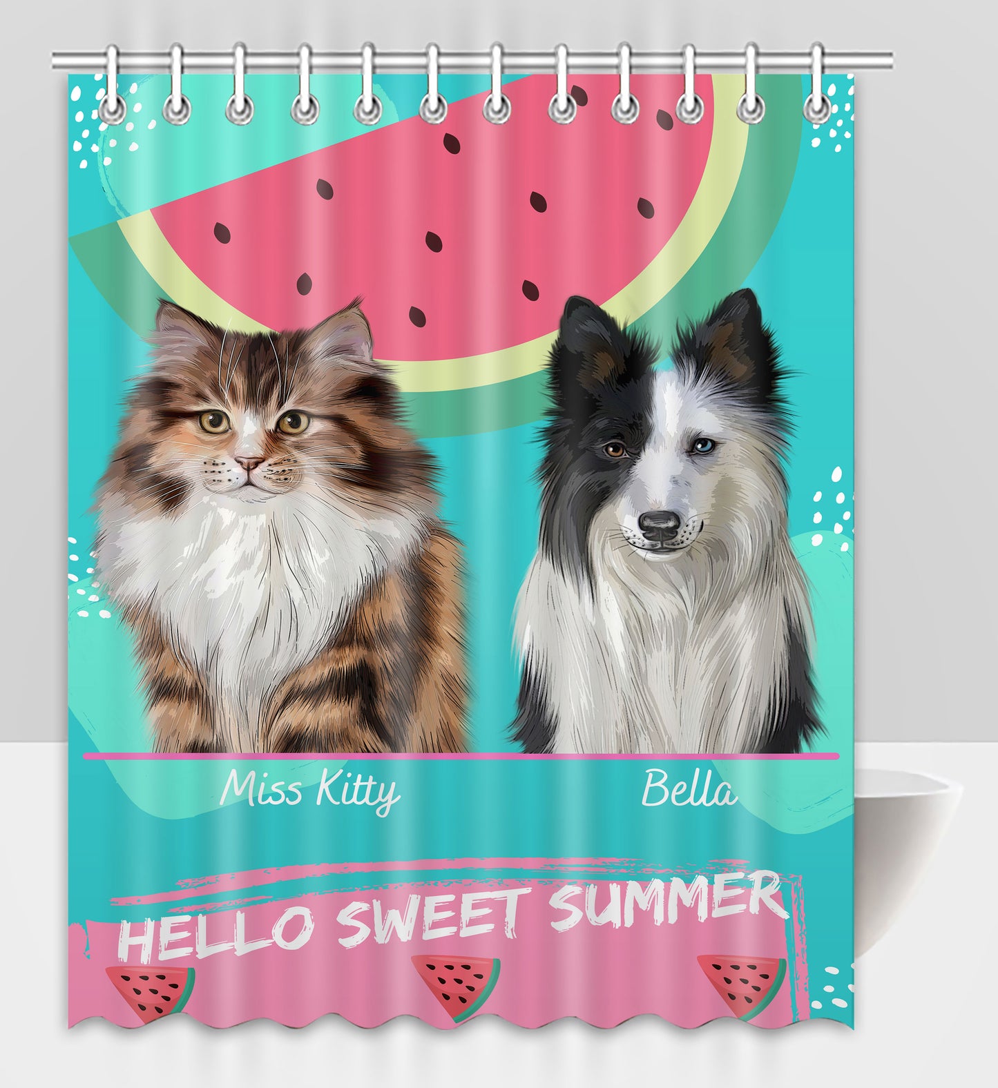 Personalized Hello Sweet Summer Watermelon Dog Cat Pets Shower Curtain 1 to 10 Pets