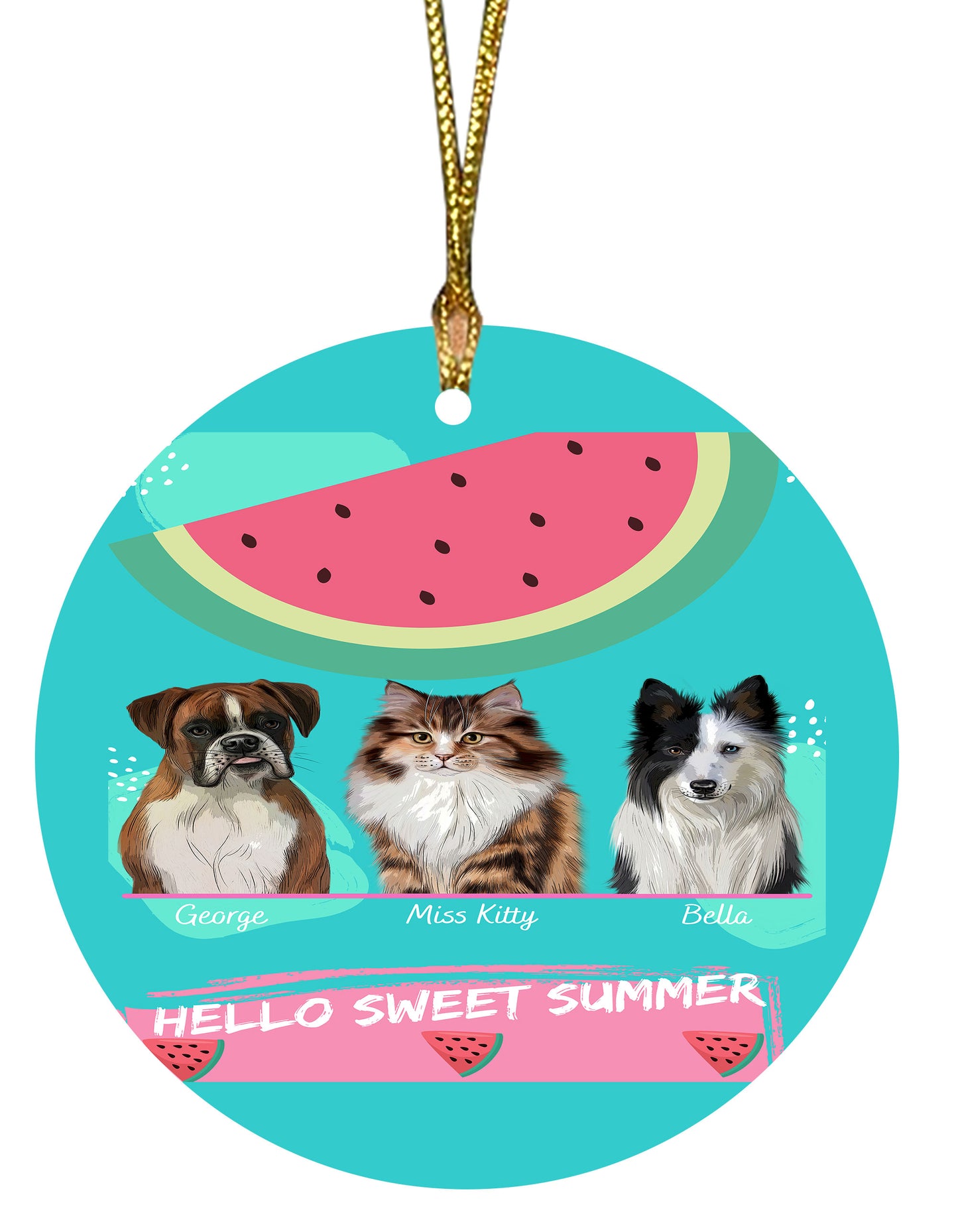 Personalized Hello Sweet Summer Watermelon Dog Cat Pets Round Flat Christmas Tree Ornament 1 to 5 Pets