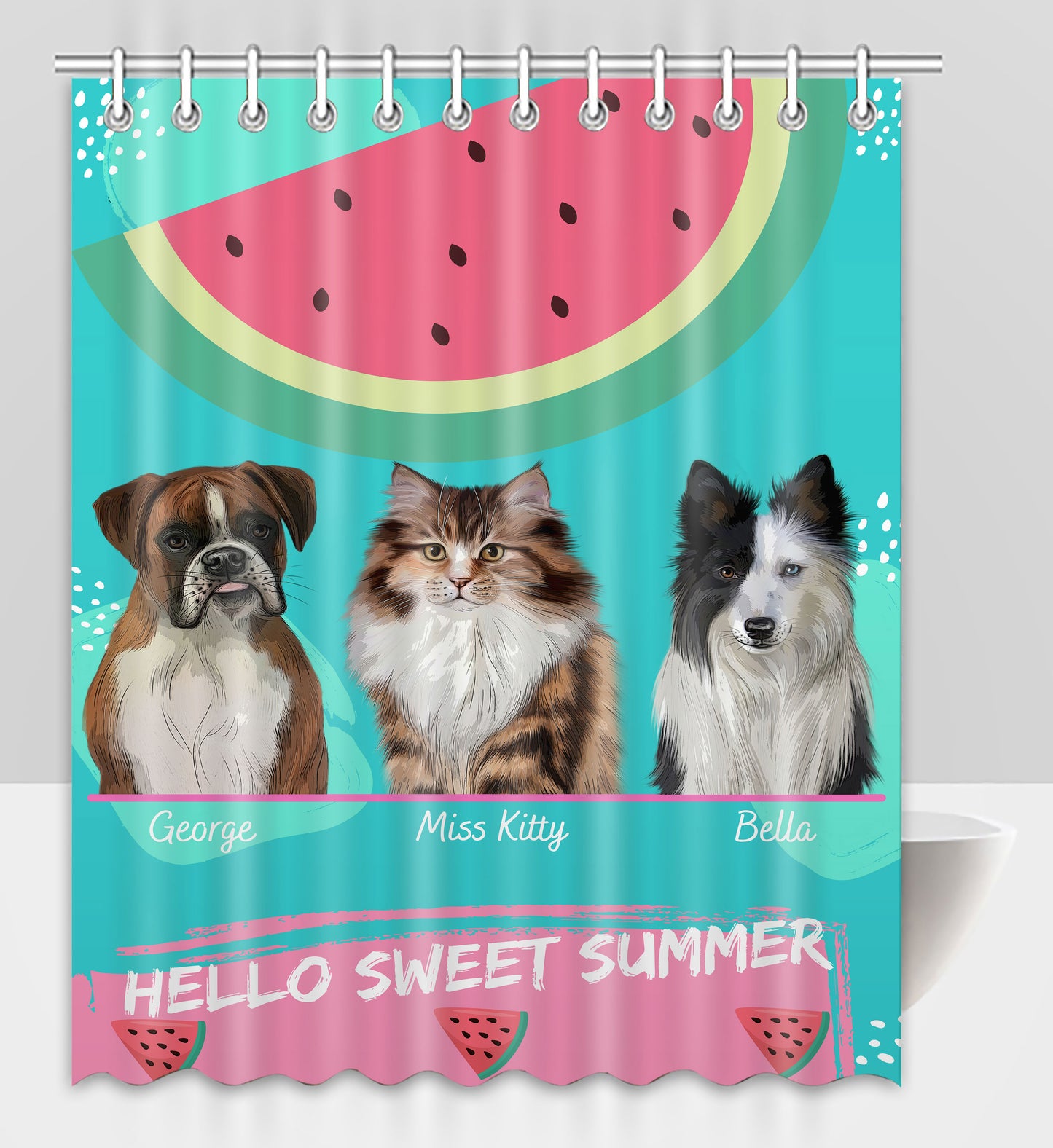 Personalized Hello Sweet Summer Watermelon Dog Cat Pets Shower Curtain 1 to 10 Pets