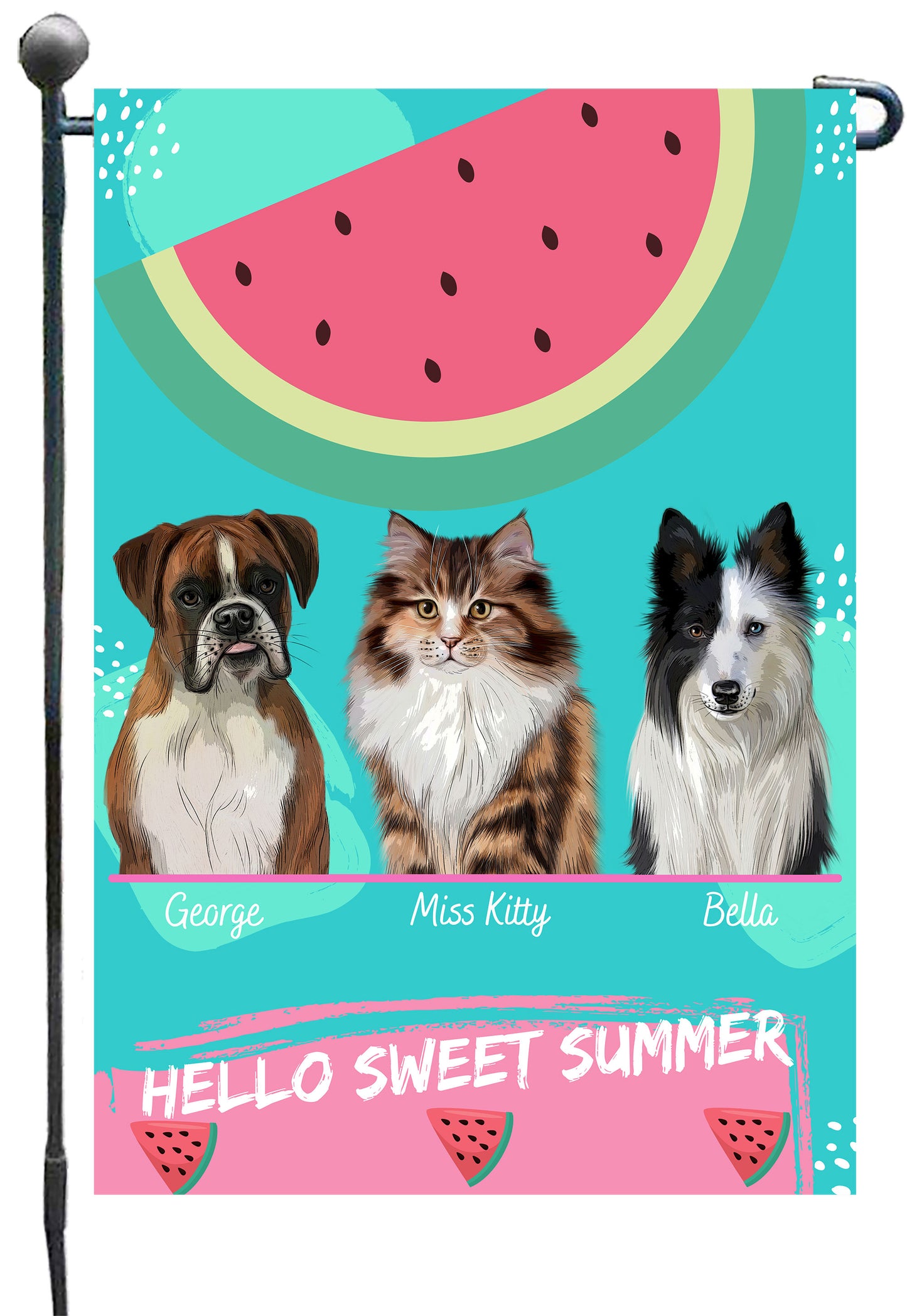 Personalized Hello Sweet Summer Watermelon Dog Cat Pets Garden Flag 1 to 10 Pets