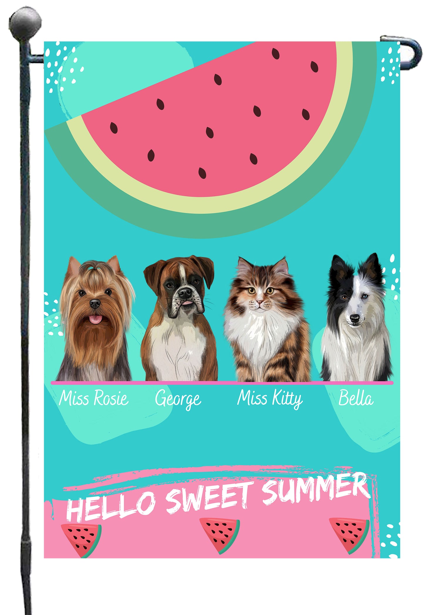 Personalized Hello Sweet Summer Watermelon Dog Cat Pets Garden Flag 1 to 10 Pets