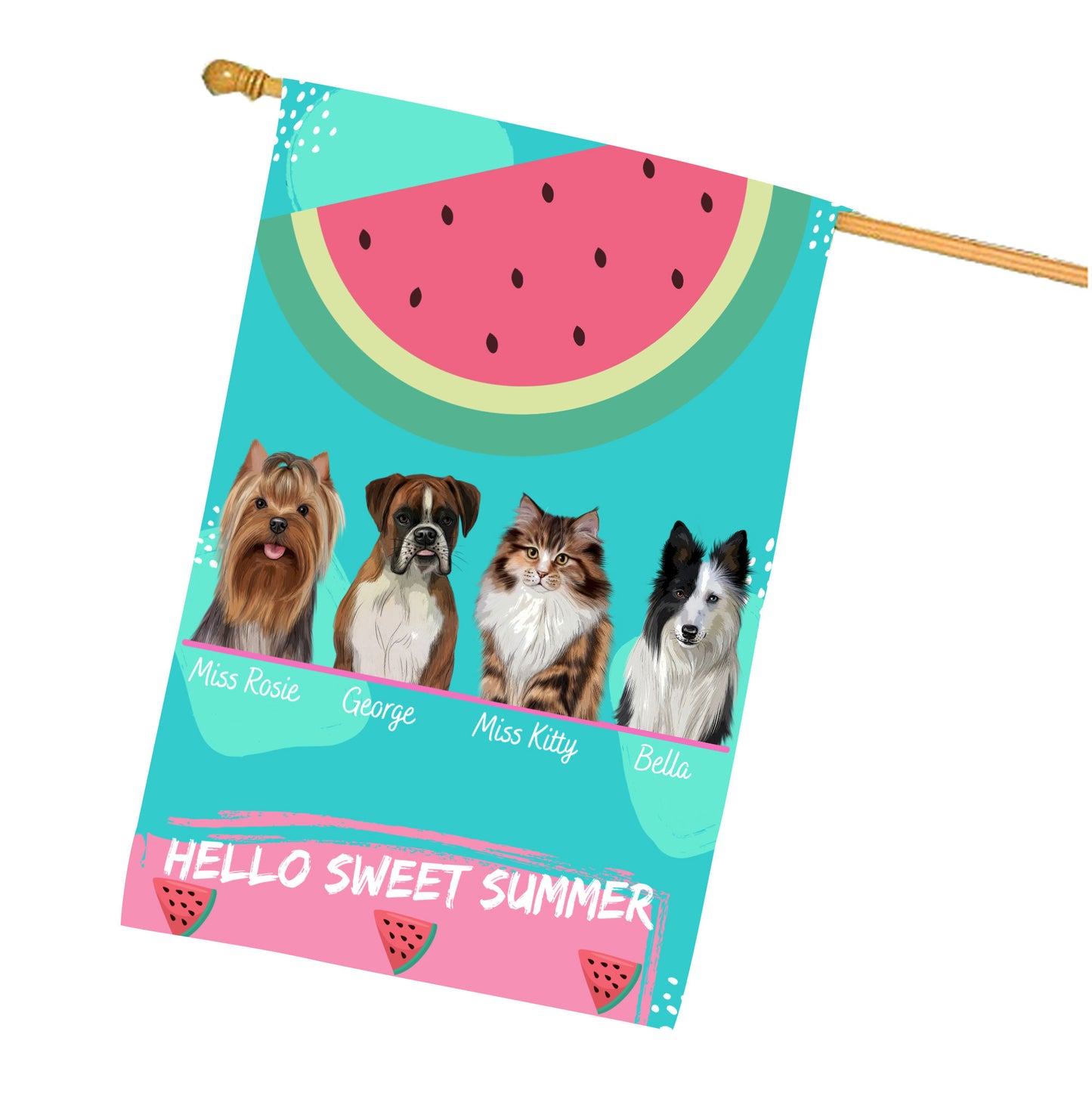 Personalized Hello Sweet Summer Watermelon Dog Cat Pets House Flag 1 to 10 Pets