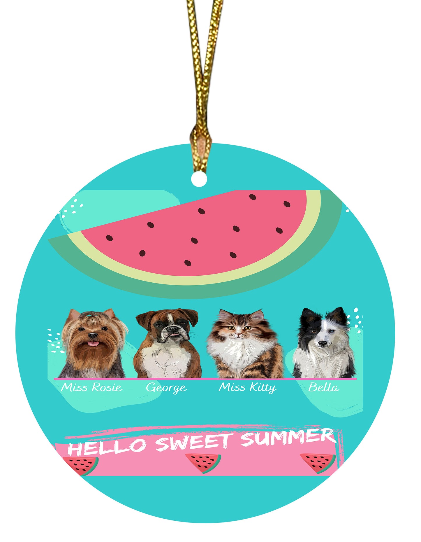 Personalized Hello Sweet Summer Watermelon Dog Cat Pets Round Flat Christmas Tree Ornament 1 to 5 Pets