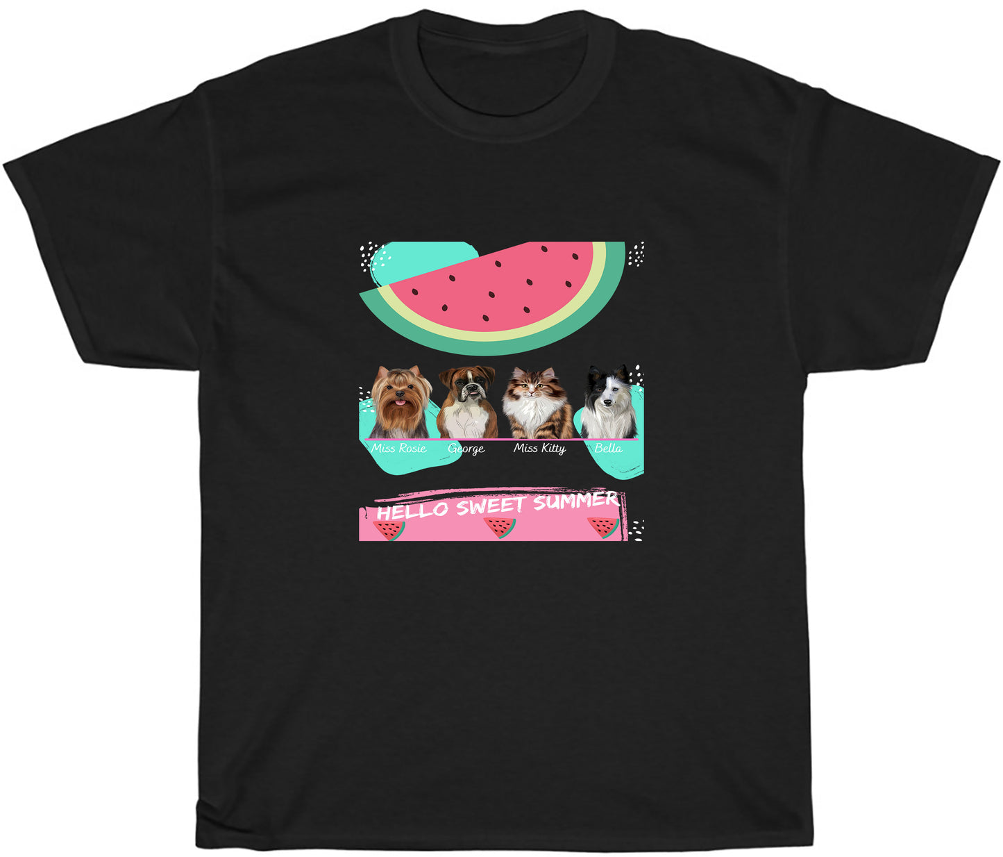 Personalized Hello Sweet Summer Watermelon Dog Cat Pets T-Shirt 1 to 10 Pets