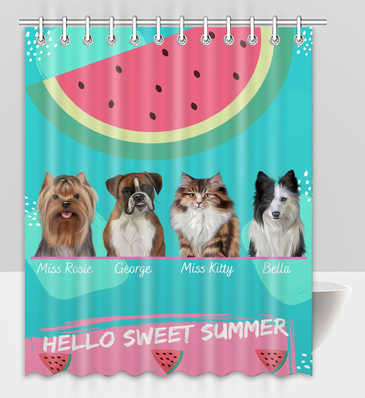 Personalized Hello Sweet Summer Watermelon Dog Cat Pets Shower Curtain 1 to 10 Pets