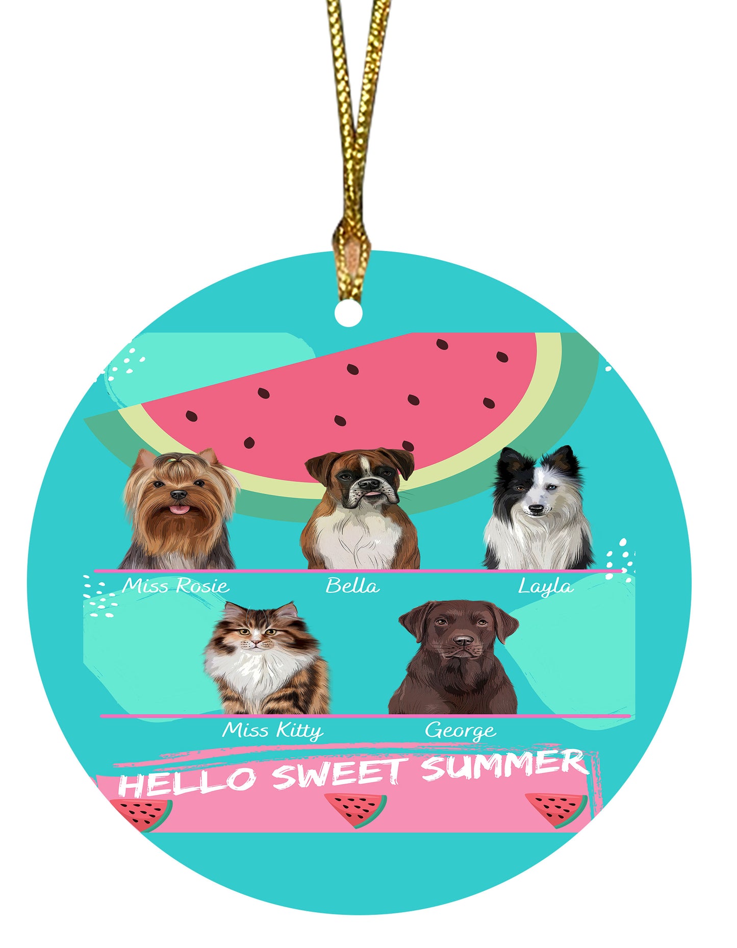 Personalized Hello Sweet Summer Watermelon Dog Cat Pets Round Flat Christmas Tree Ornament 1 to 5 Pets