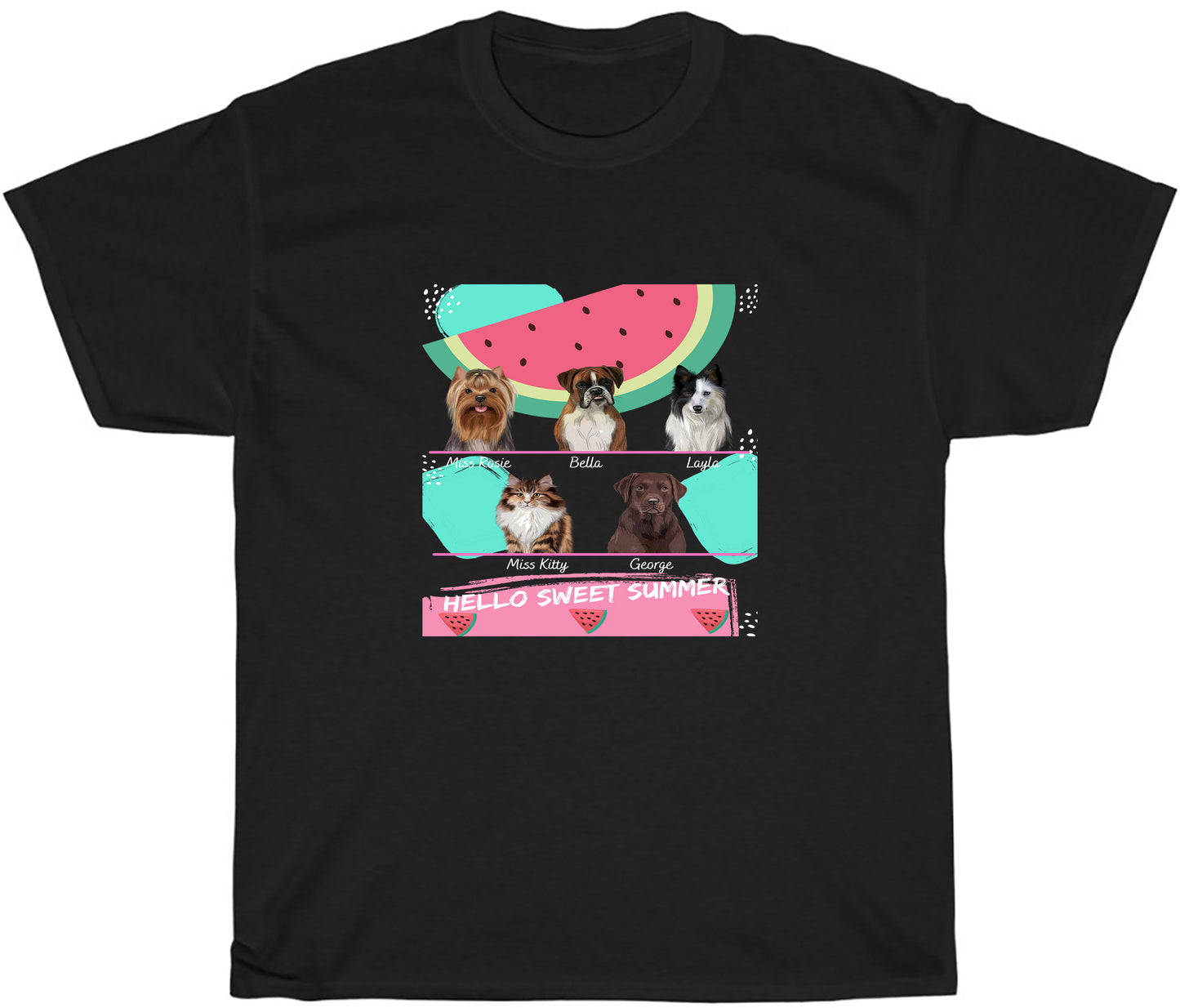 Personalized Hello Sweet Summer Watermelon Dog Cat Pets T-Shirt 1 to 10 Pets