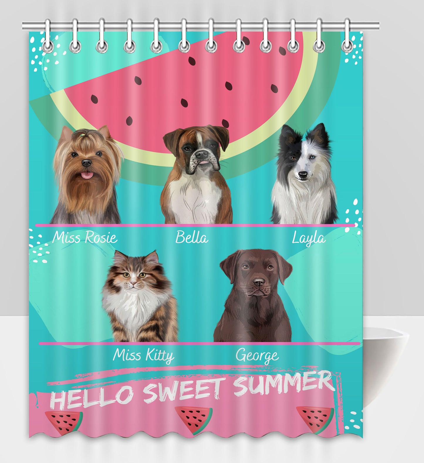 Personalized Hello Sweet Summer Watermelon Dog Cat Pets Shower Curtain 1 to 10 Pets
