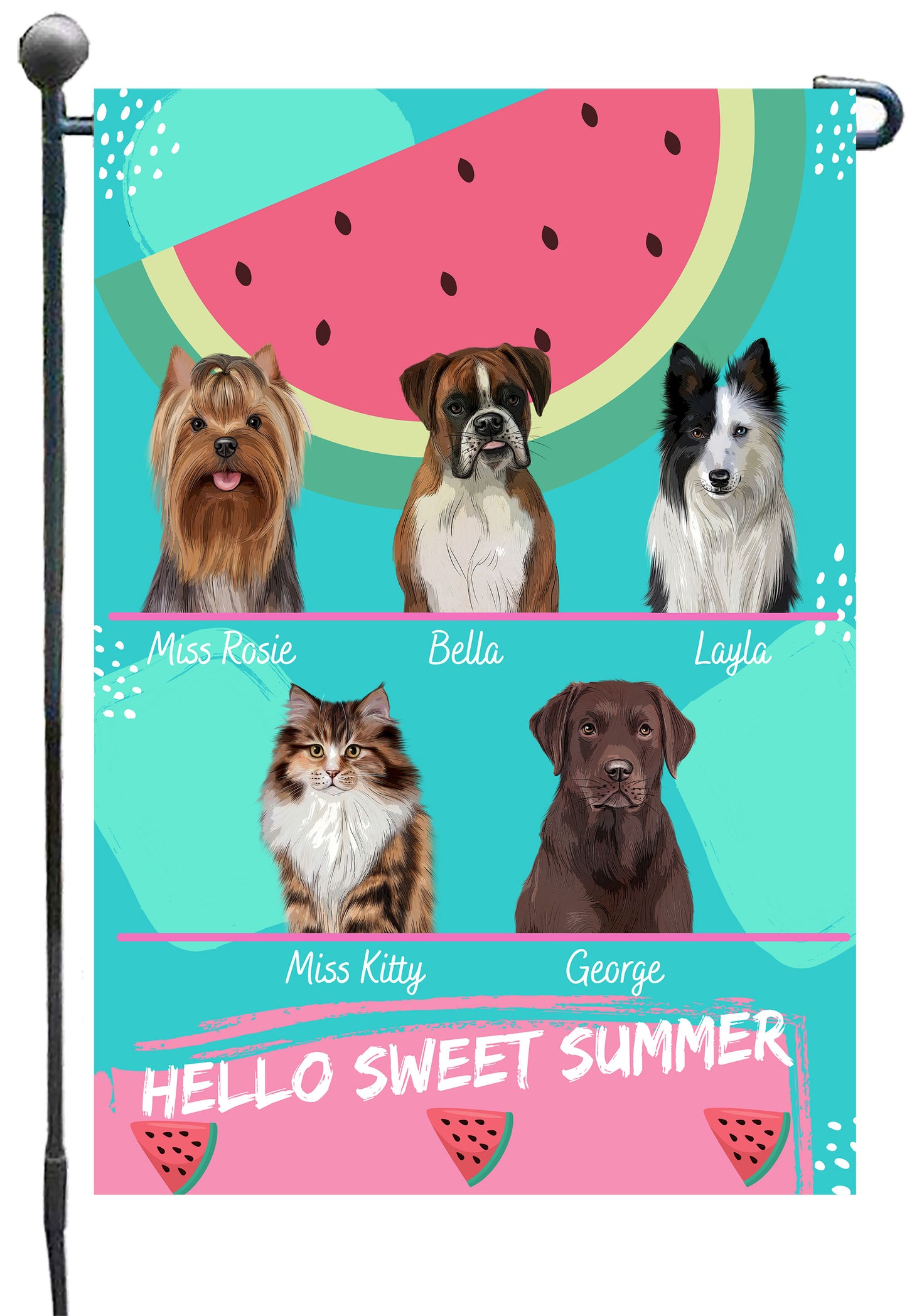 Personalized Hello Sweet Summer Watermelon Dog Cat Pets Garden Flag 1 to 10 Pets