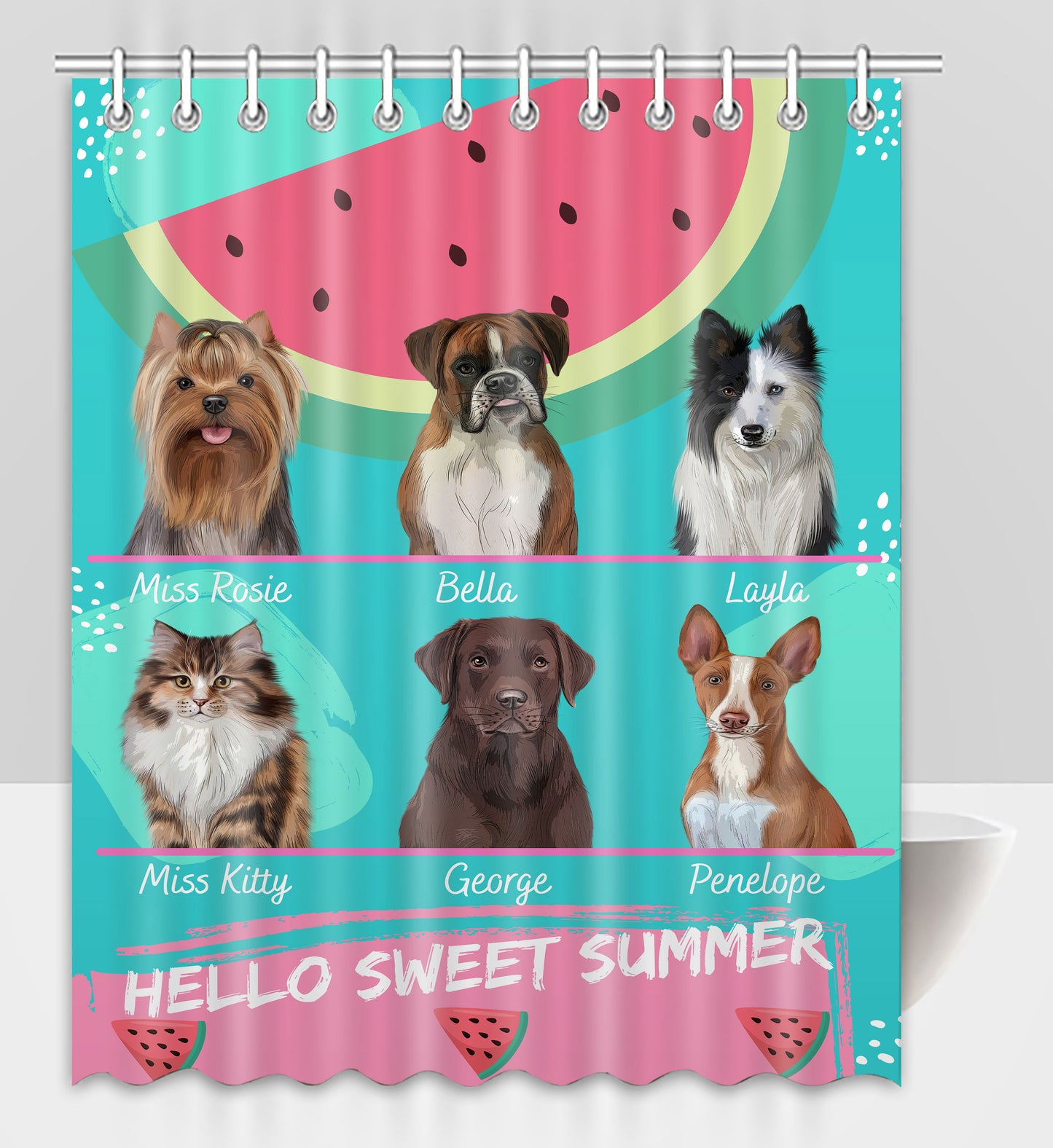 Personalized Hello Sweet Summer Watermelon Dog Cat Pets Shower Curtain 1 to 10 Pets