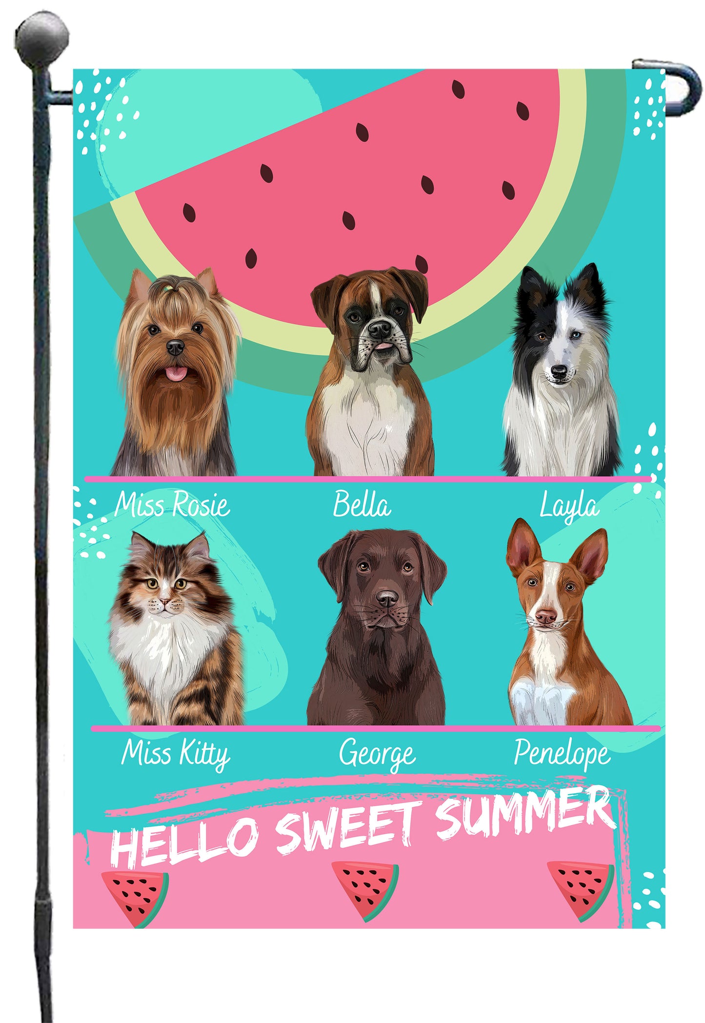 Personalized Hello Sweet Summer Watermelon Dog Cat Pets Garden Flag 1 to 10 Pets