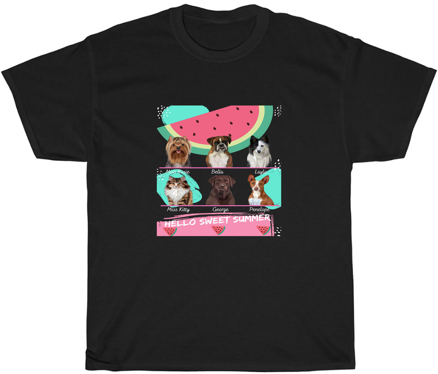 Personalized Hello Sweet Summer Watermelon Dog Cat Pets T-Shirt 1 to 10 Pets